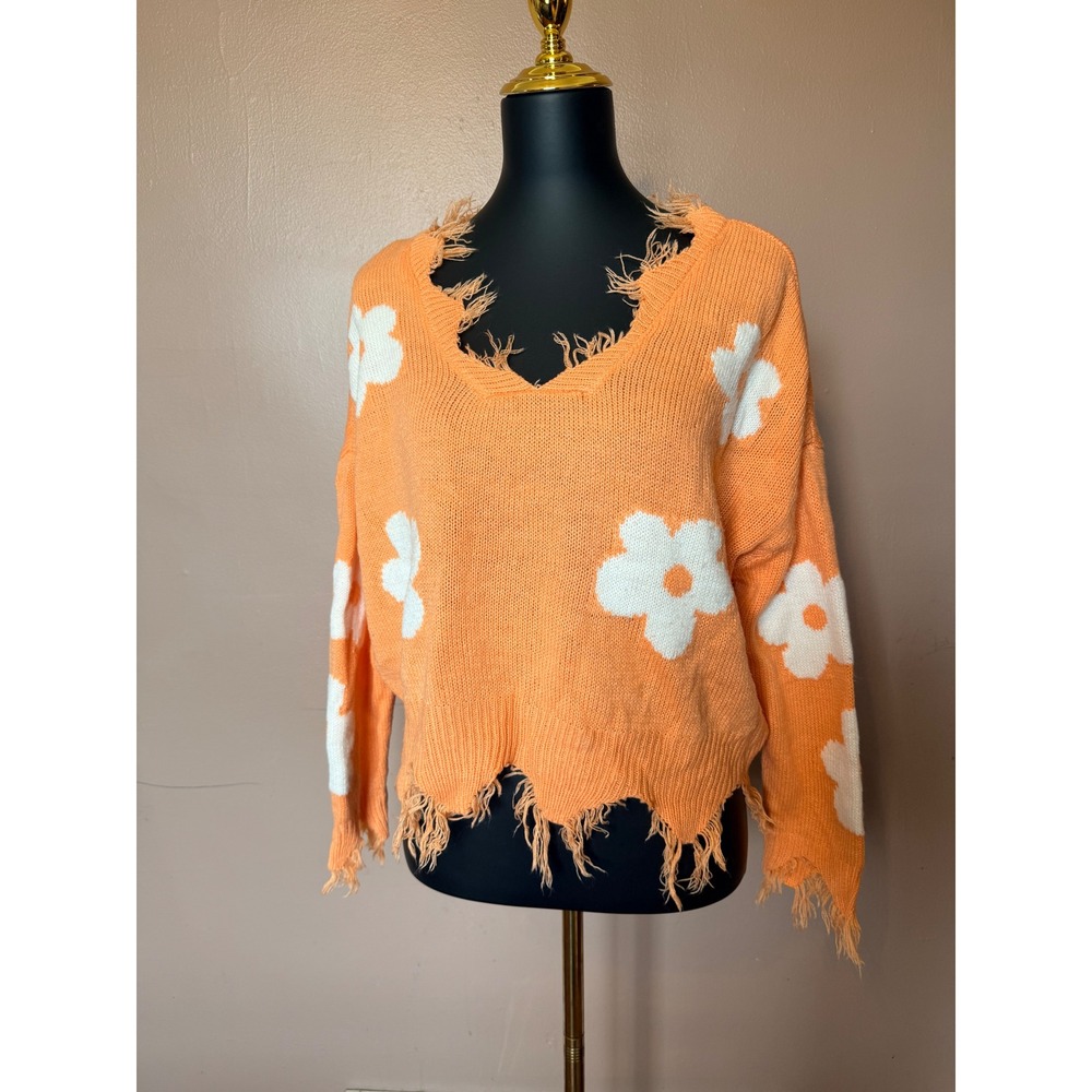 Just Polly Fringe Frayed V-Neck Boxy Oversized Womens Sweaters Orange Daisy S